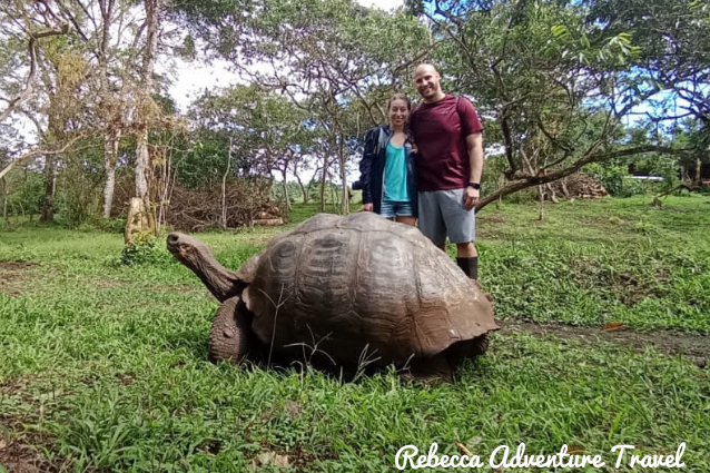 Family posing with a giant tortoise.
