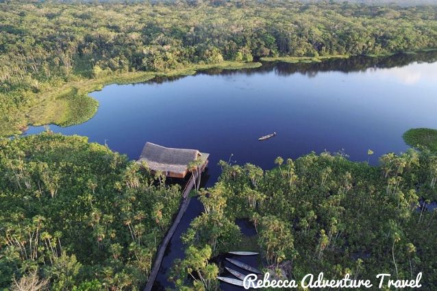 Aerial view of a camping site in Napo province, in the Amazon jungle