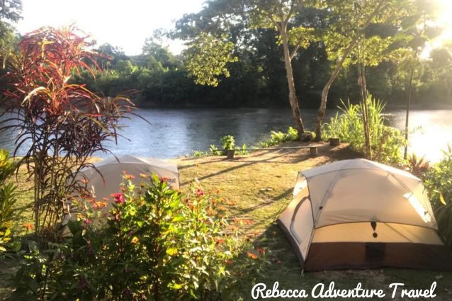 Camping tent close to a river in the Amazon