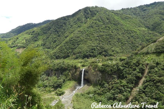 View of a mountain and a cascade in Baños Ecuador 