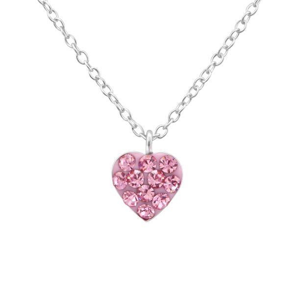 Zilveren hartje roze 13 kristal kinderketting ,  hart hanger ketting meisje ,  Zilverana ,  Sterling 925 Silver (Echt zilver)